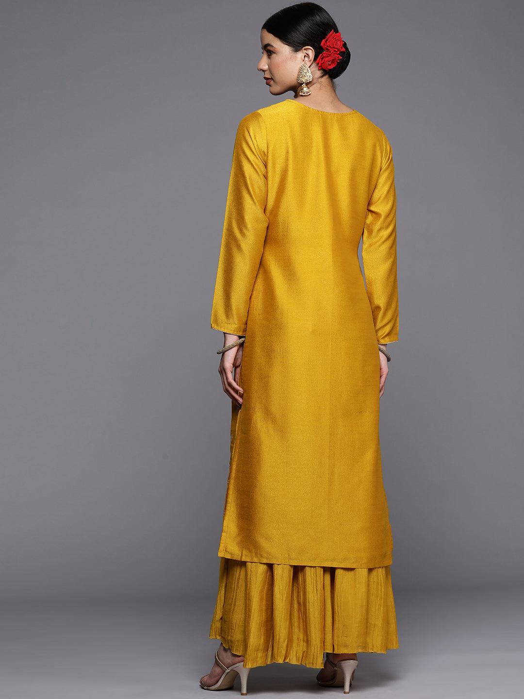 Mustard Embroidered Silk Straight Kurta - ShopLibas