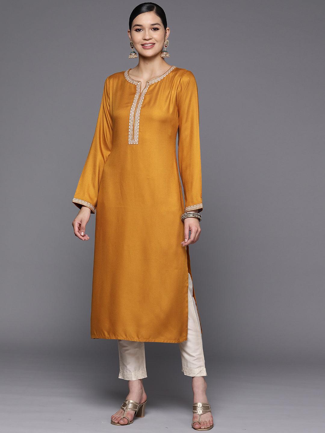 Mustard Embroidered Wool Straight Kurta - Libas