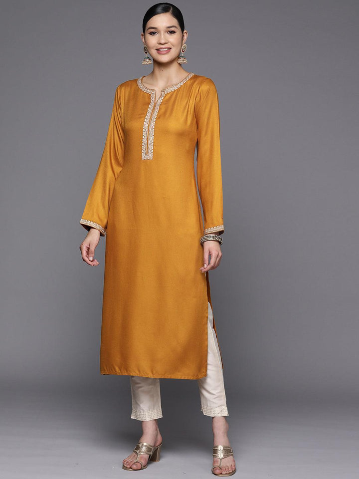 Mustard Embroidered Wool Straight Kurta