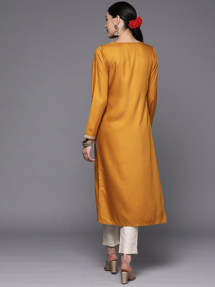 Mustard Embroidered Wool Straight Kurta