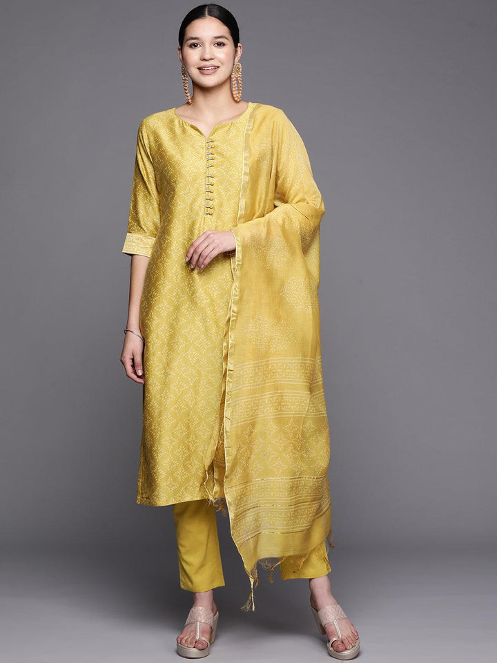 Mustard Printed Chanderi Silk Straight Suit Set With Trousers