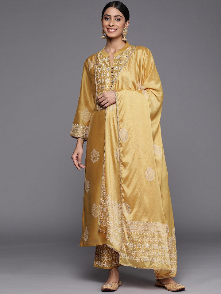 Mustard Printed Chanderi Silk Straight Suit Set