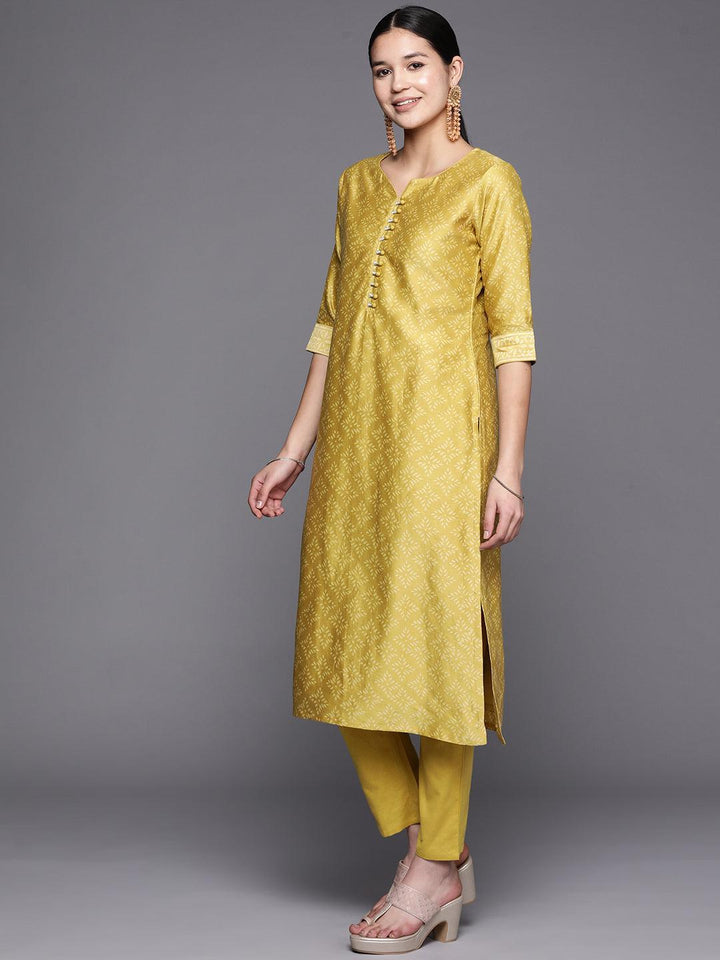 Mustard Printed Chanderi Silk Straight Suit Set With Trousers