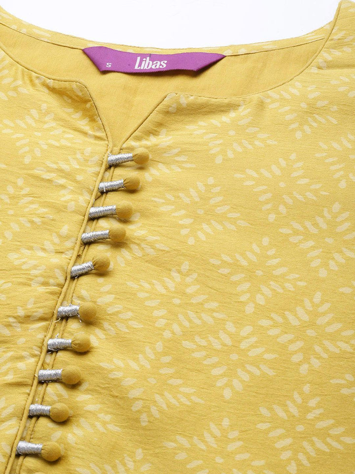 Mustard Printed Chanderi Silk Straight Suit Set With Trousers