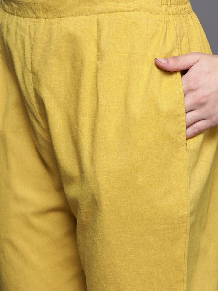 Mustard Printed Chanderi Silk Straight Suit Set With Trousers