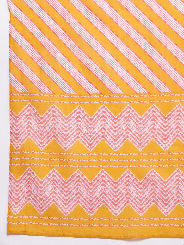 Mustard Printed Cotton A-Line Kurta With Palazzos & Dupatta