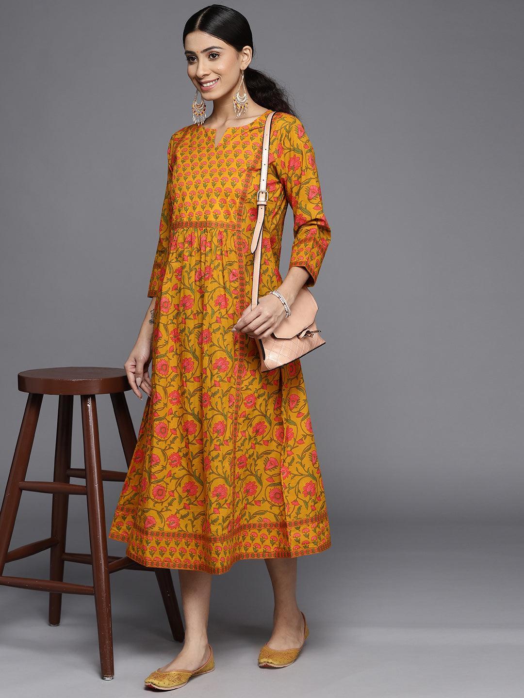 Mustard Printed Cotton Dress - ShopLibas