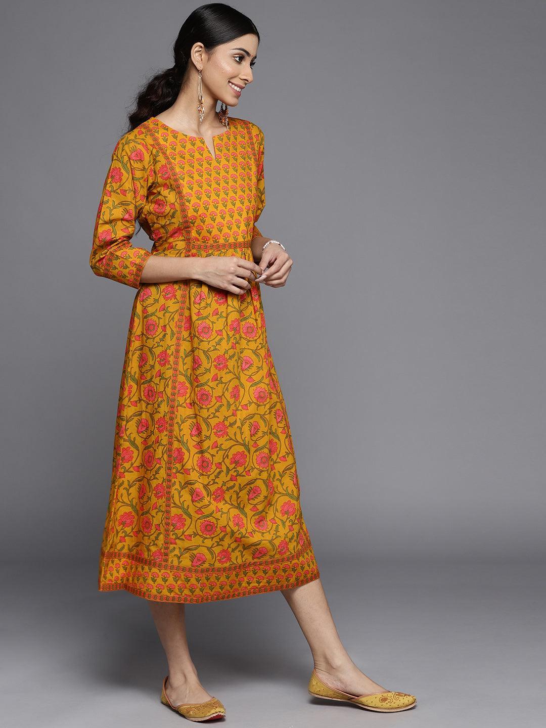 Mustard Printed Cotton Dress - ShopLibas