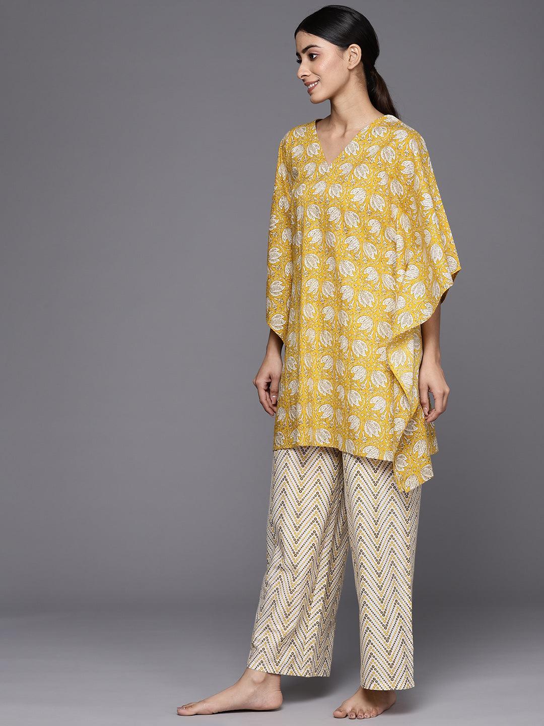 Mustard Printed Cotton Night Suit - ShopLibas