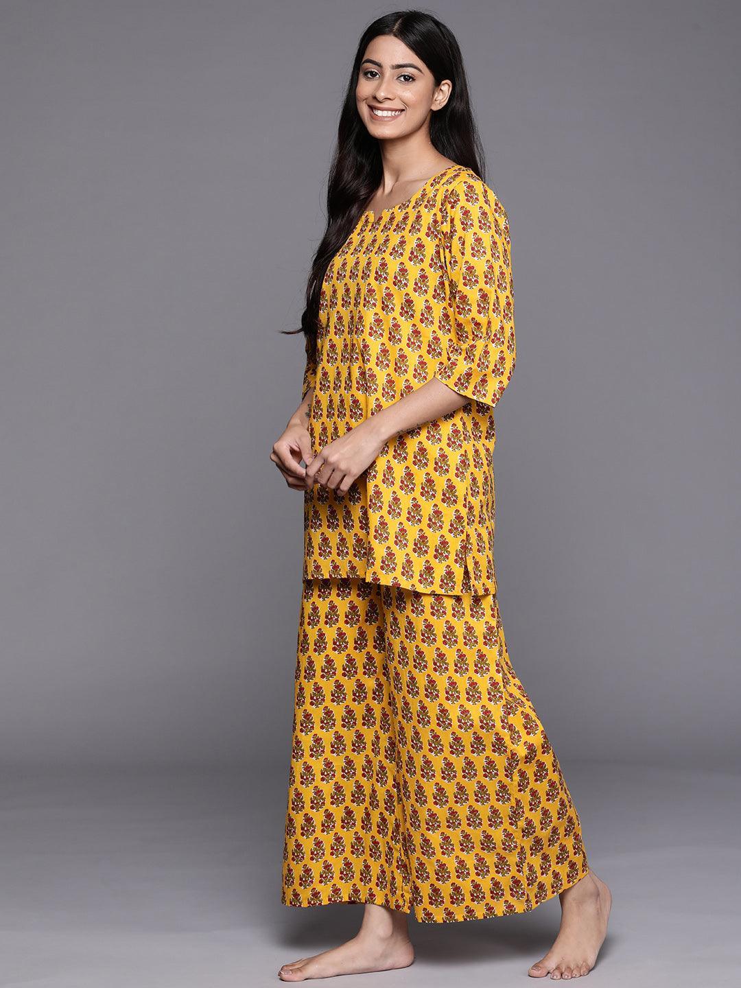 Mustard Printed Cotton Night Suit - ShopLibas