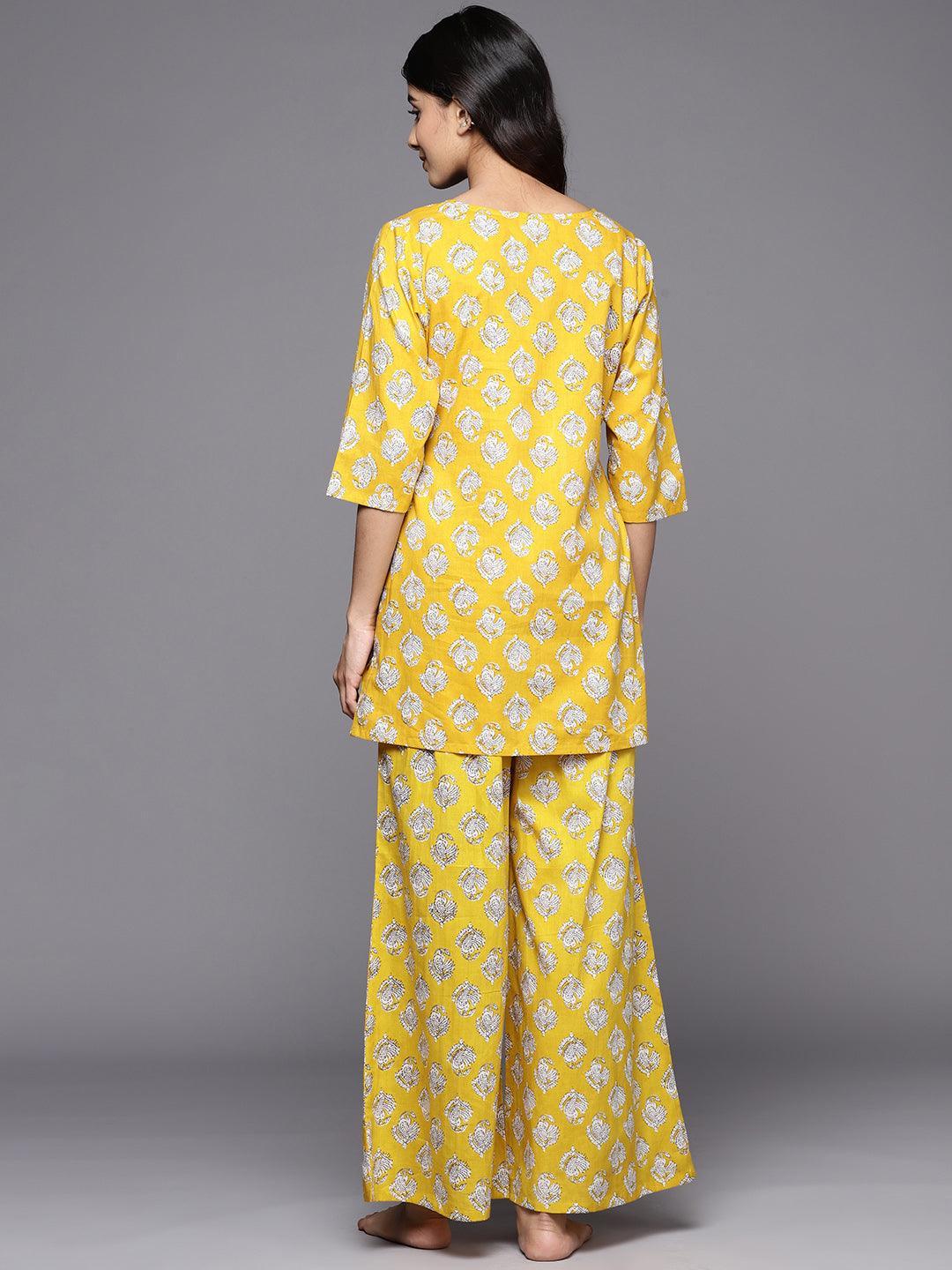 Mustard Printed Cotton Night Suit - ShopLibas