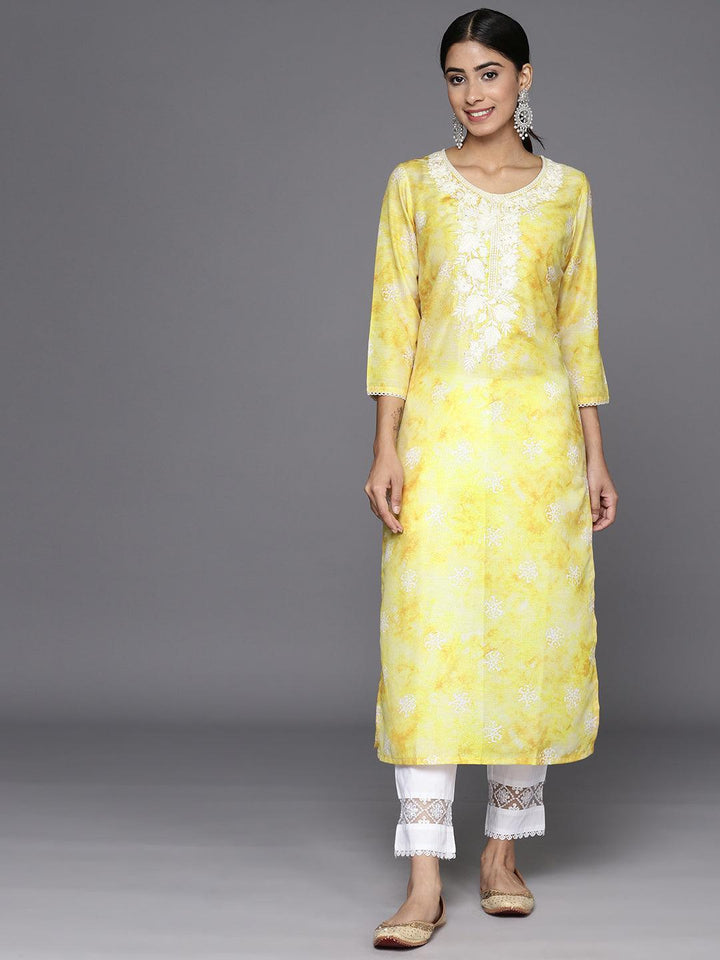 Mustard Printed Cotton Straight Kurta