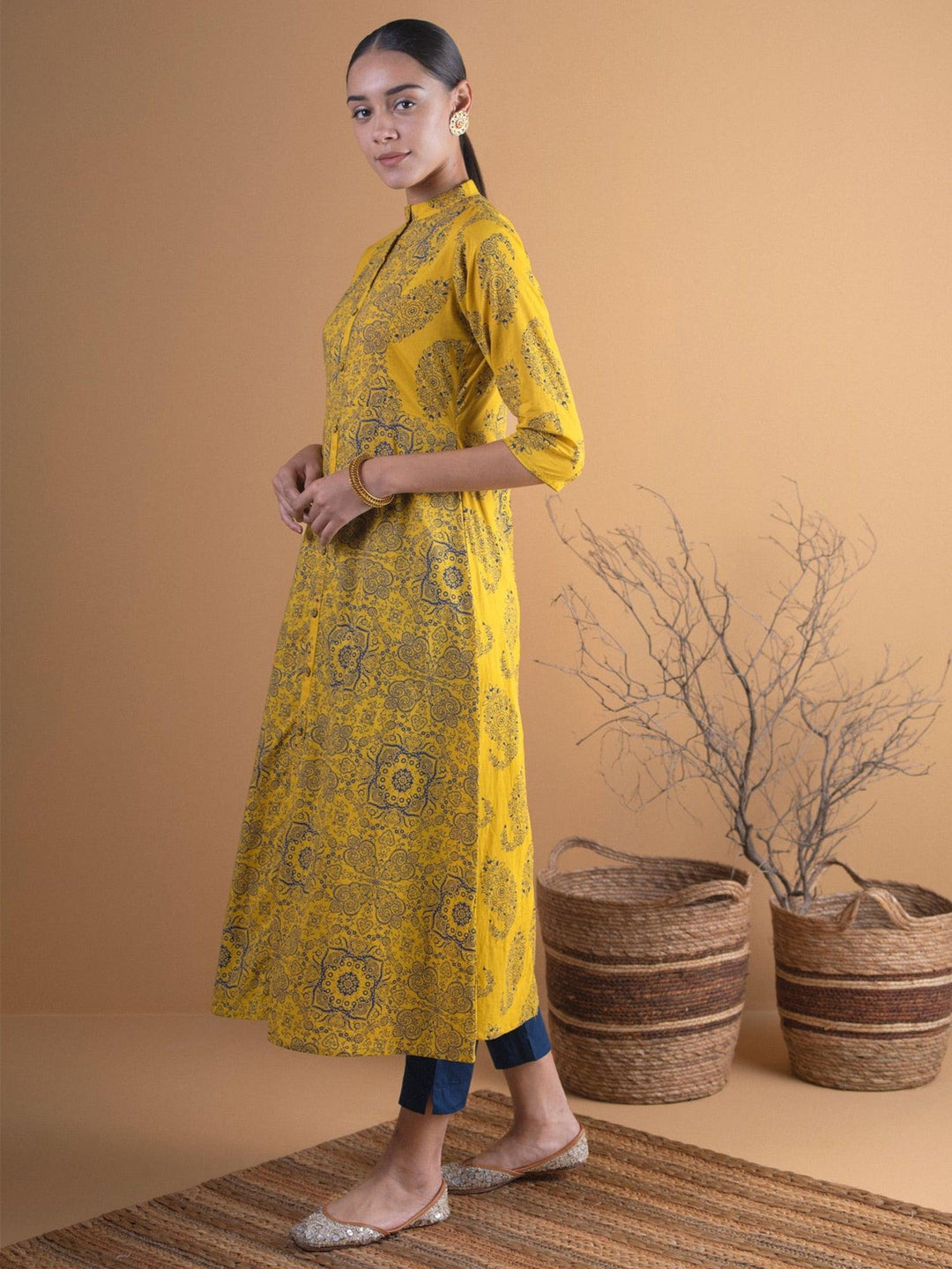 Mustard Printed Cotton Straight Kurta - ShopLibas