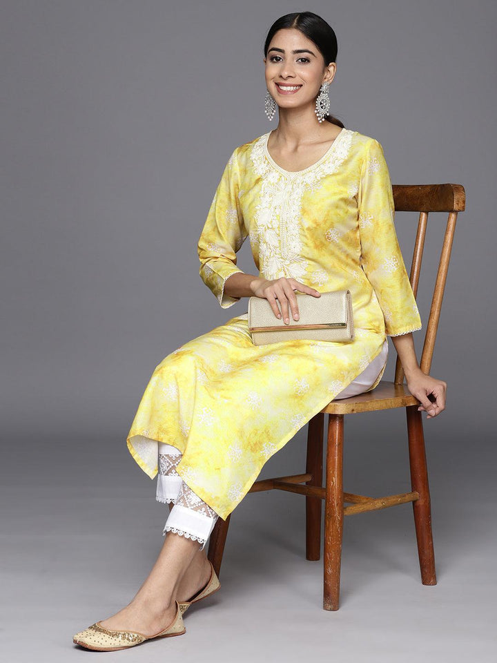 Mustard Printed Cotton Straight Kurta
