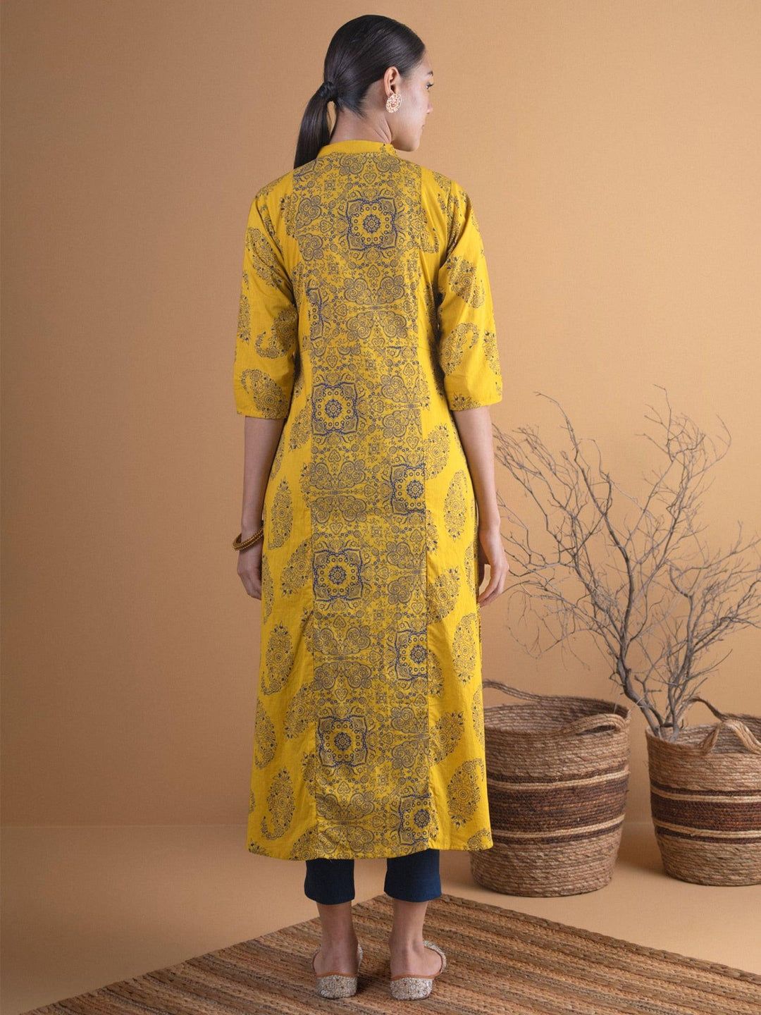 Mustard Printed Cotton Straight Kurta - ShopLibas