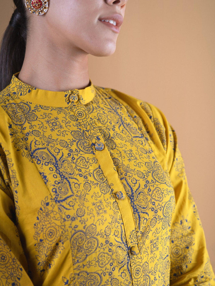 Mustard Printed Cotton Straight Kurta