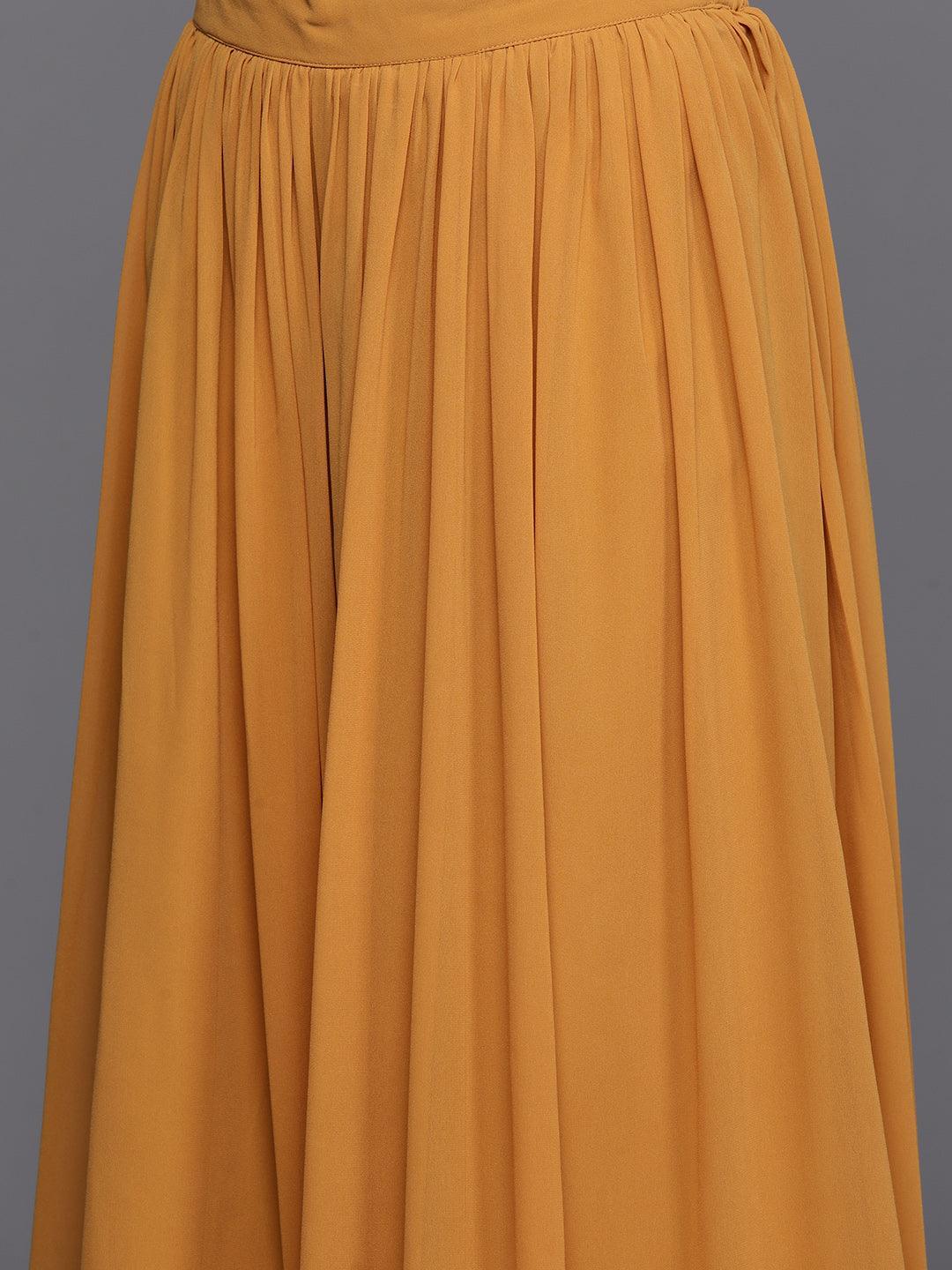 Mustard Printed Georgette A-Line Kurta With Palazzos & Dupatta - Libas