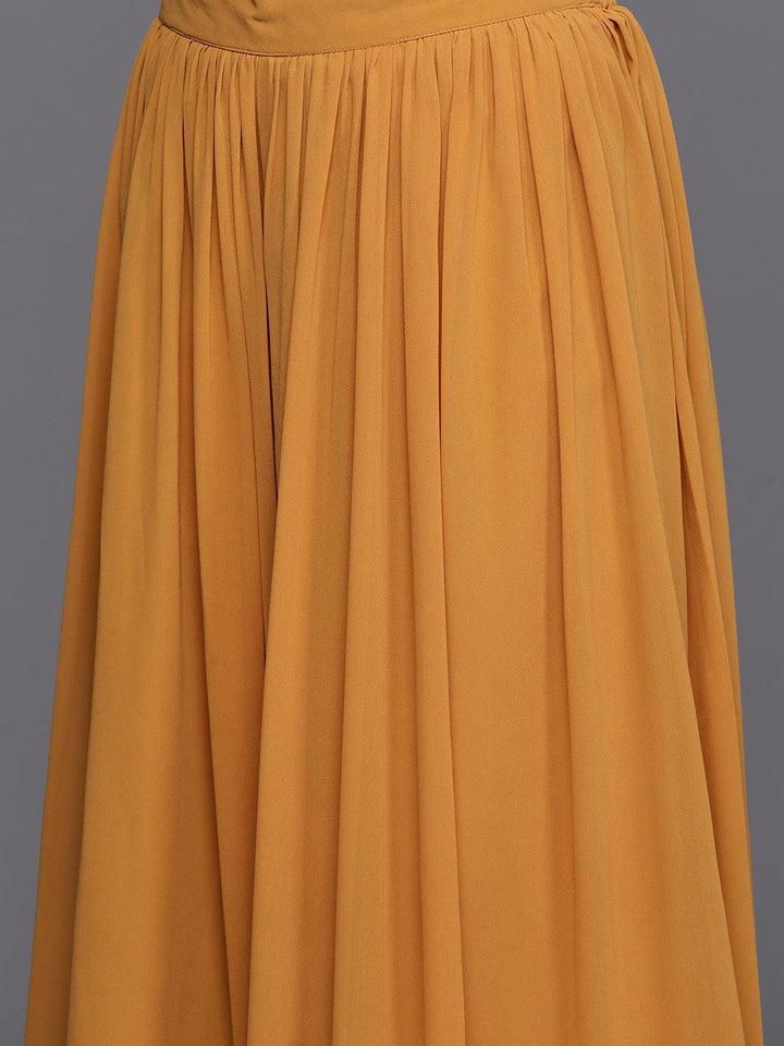 Mustard Printed Georgette A-Line Kurta With Palazzos & Dupatta