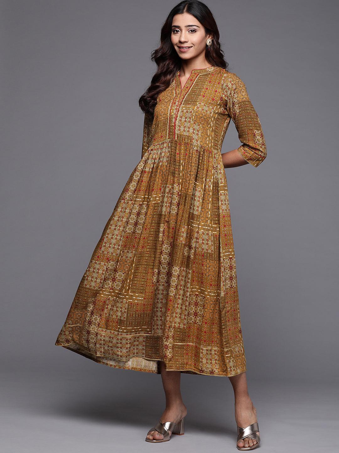 Mustard Printed Rayon Fit and Flare Dress - Libas