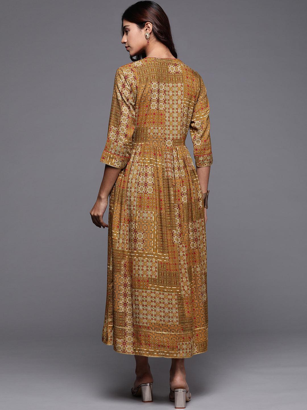 Mustard Printed Rayon Fit and Flare Dress - Libas