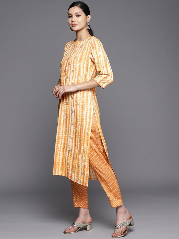 Mustard Printed Rayon Straight Suit Set With Trousers