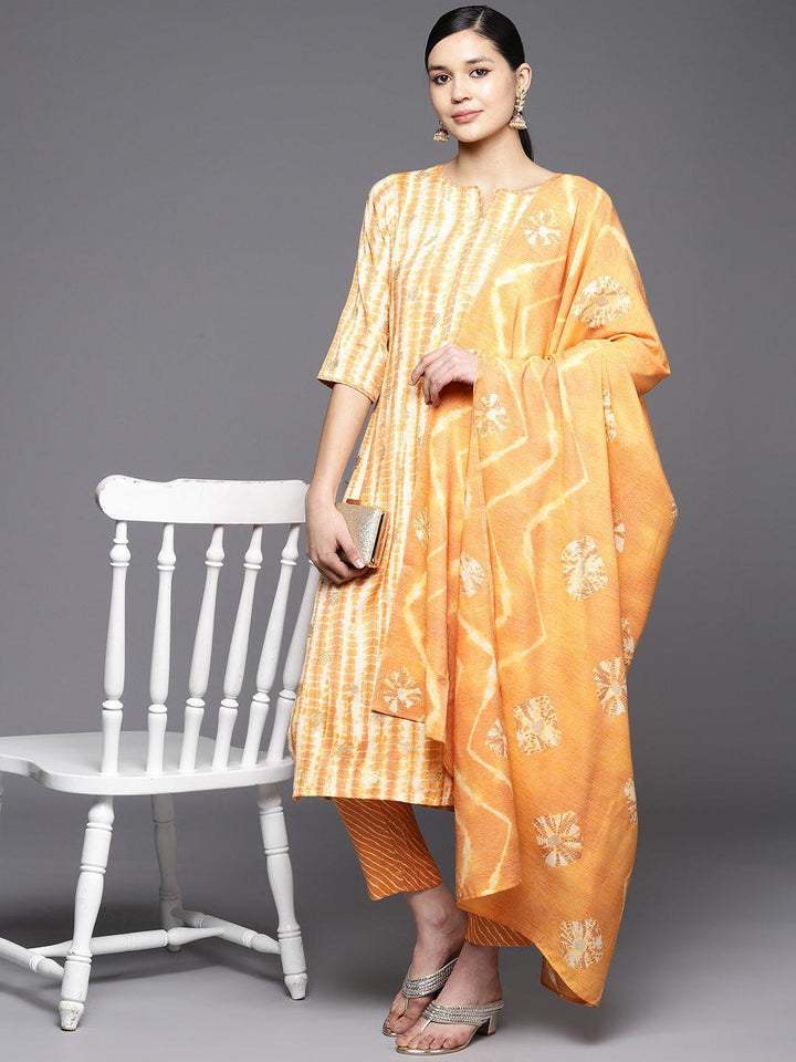 Mustard Printed Rayon Straight Suit Set With Trousers
