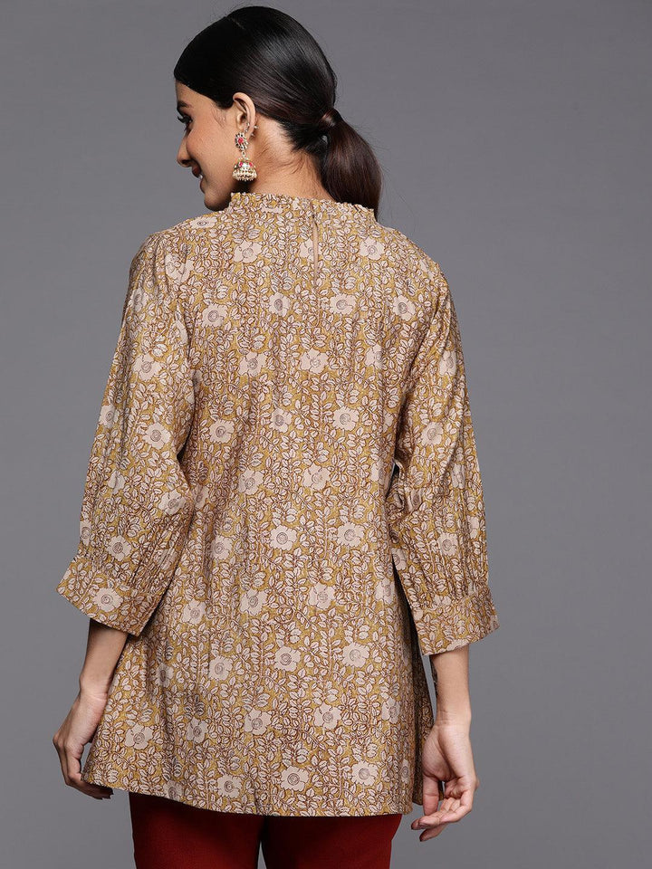 Mustard Printed Silk Blend A-Line Kurti