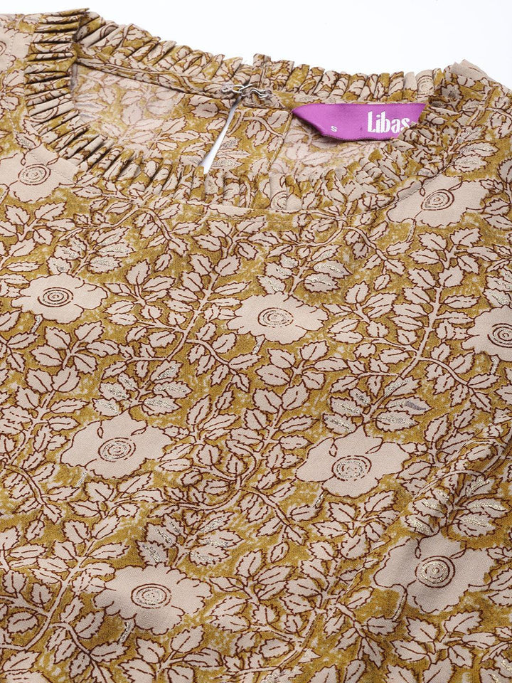 Mustard Printed Silk Blend A-Line Kurti