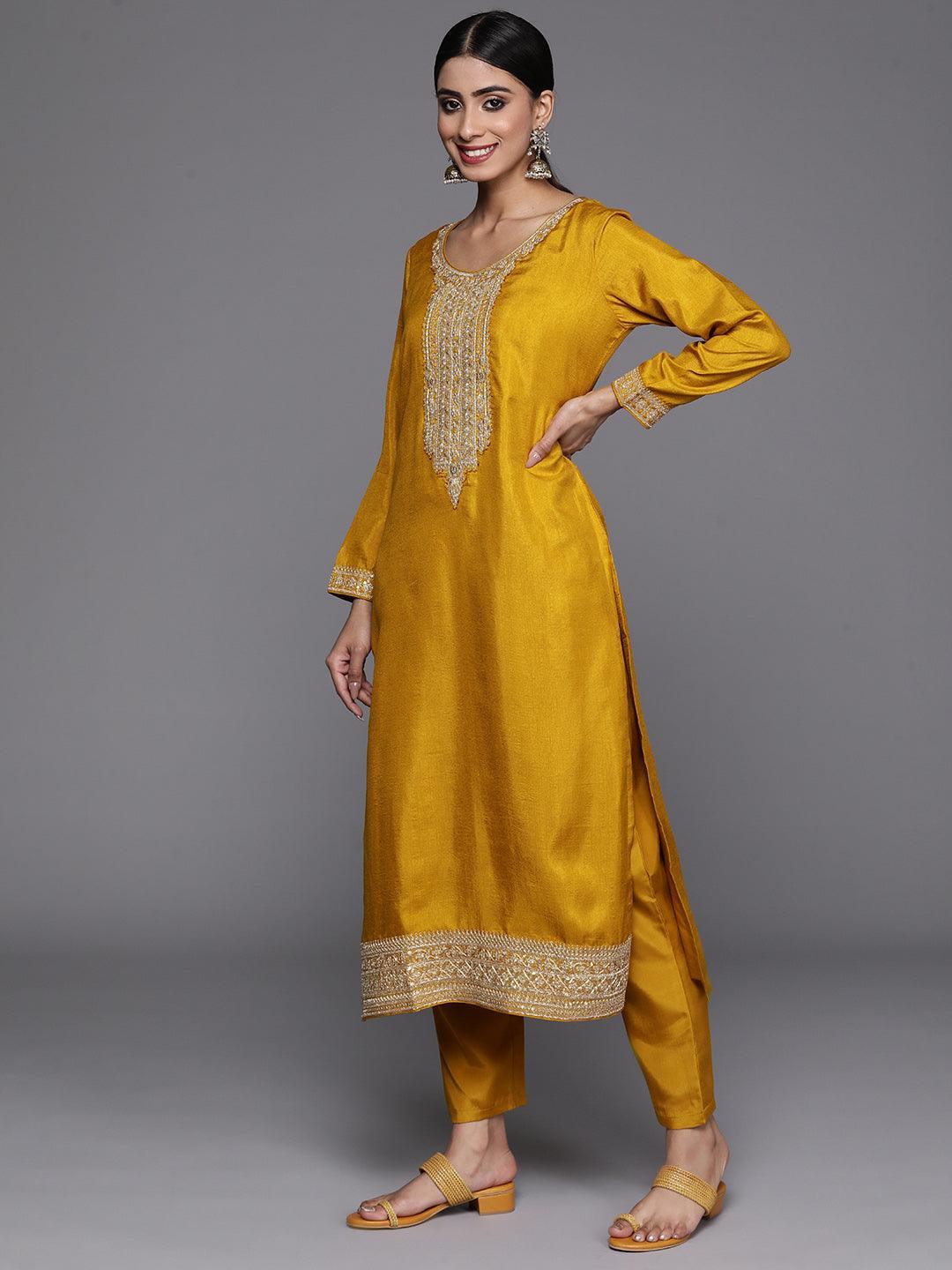 Mustard Printed Silk Blend Straight Kurta With Trousers & Dupatta - Libas