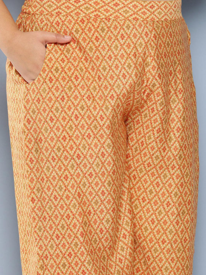 Mustard Printed Silk Blend Straight Kurta With Trousers and Dupatta