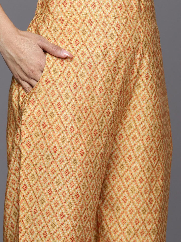 Mustard Printed Silk Blend Straight Suit Set With Trousers