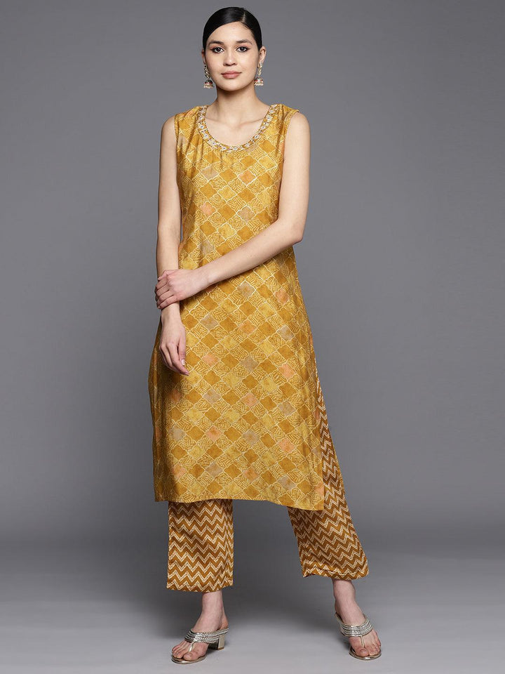 Mustard Printed Silk Blend Straight Kurta Set With Trousers