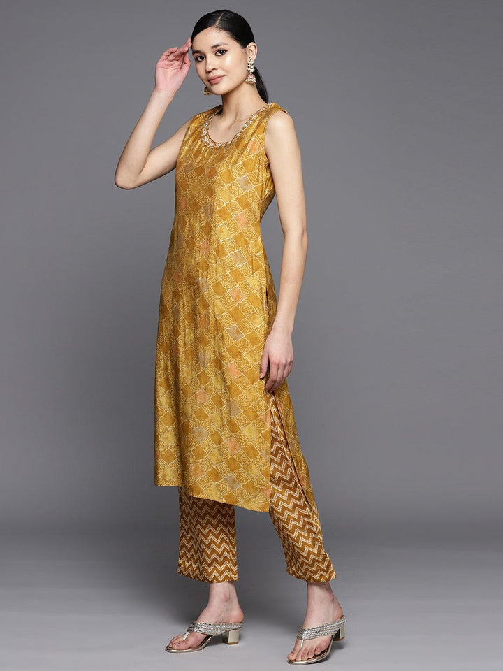 Mustard Printed Silk Blend Straight Kurta Set With Trousers