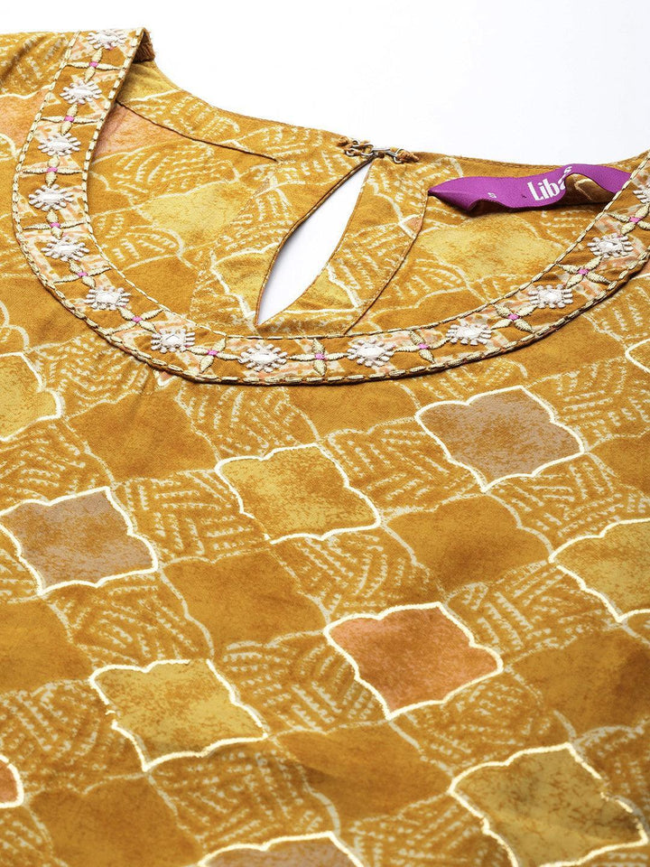 Mustard Printed Silk Straight Kurta