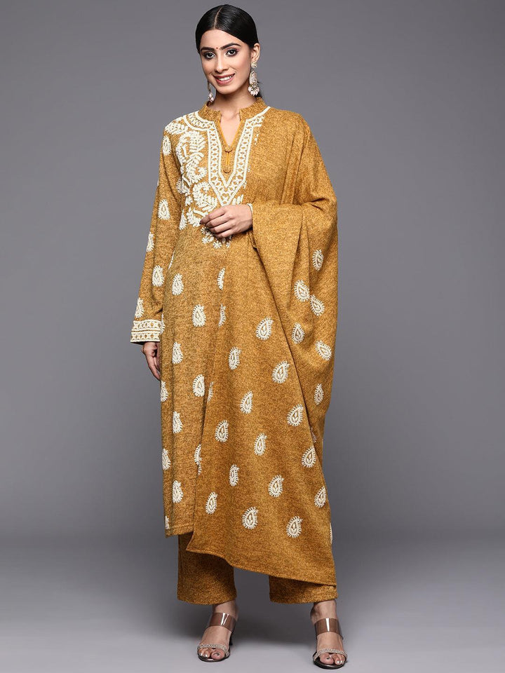 Mustard Printed Wool Straight Suit Set