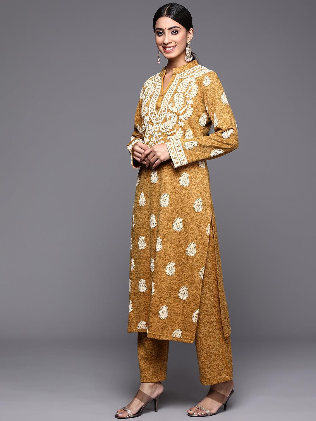 Mustard Printed Wool Straight Suit Set - ShopLibas