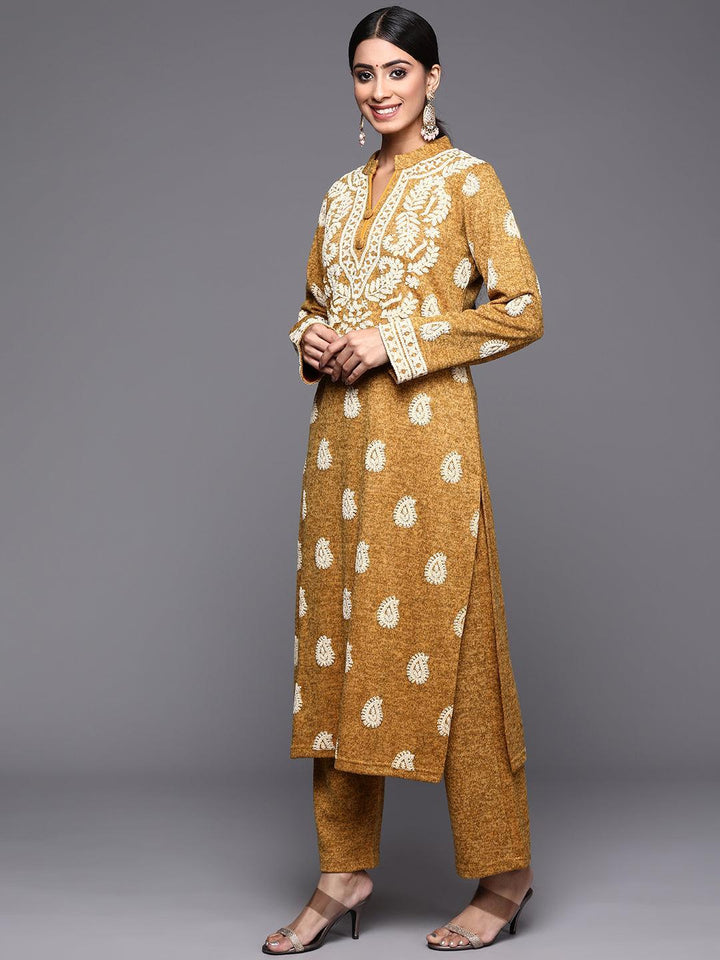 Mustard Printed Wool Straight Suit Set