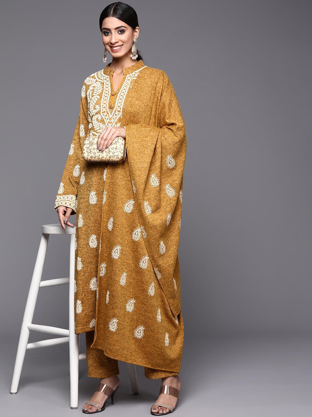 Mustard Printed Wool Straight Suit Set - ShopLibas