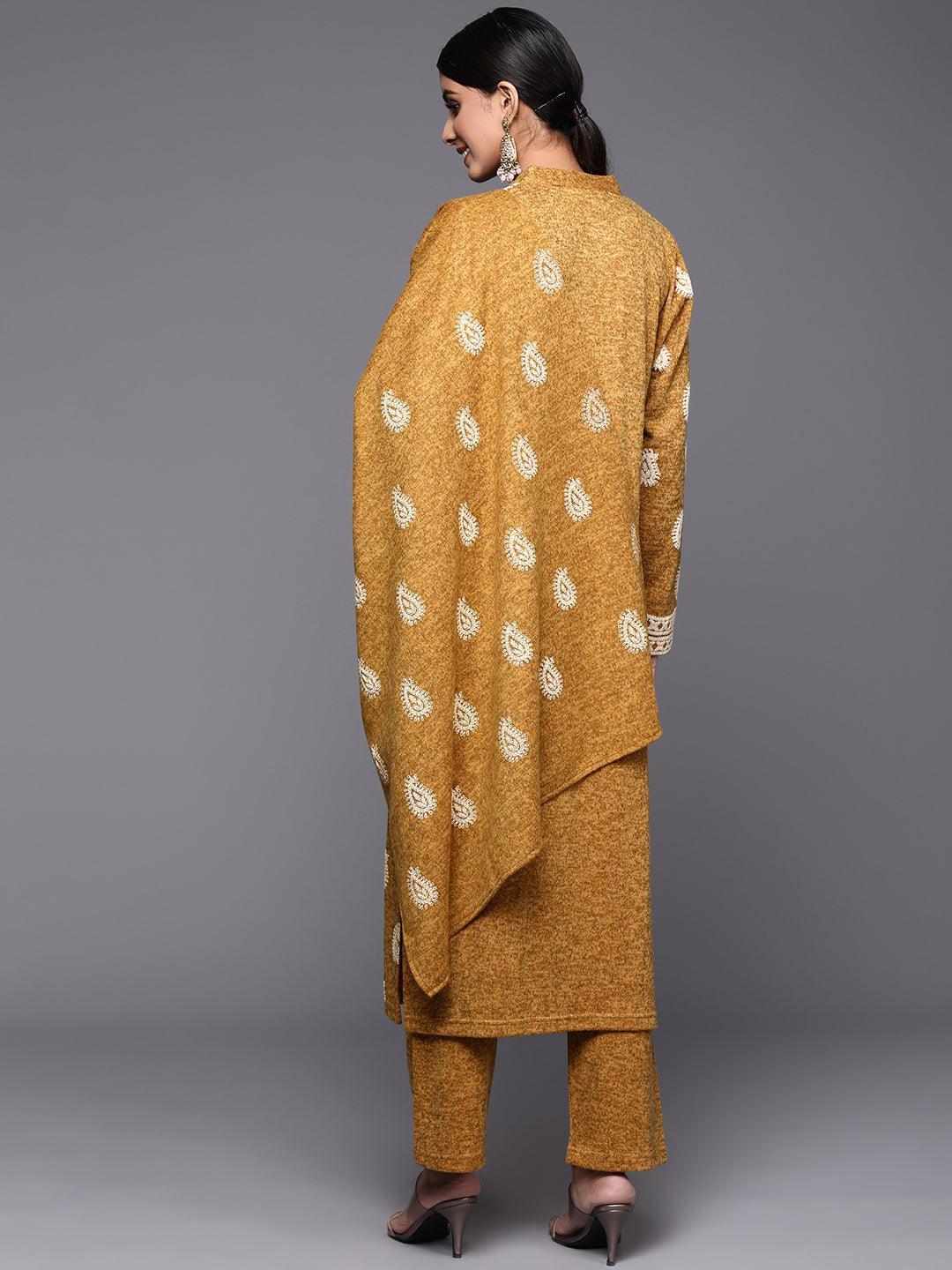 Mustard Printed Wool Straight Suit Set - ShopLibas