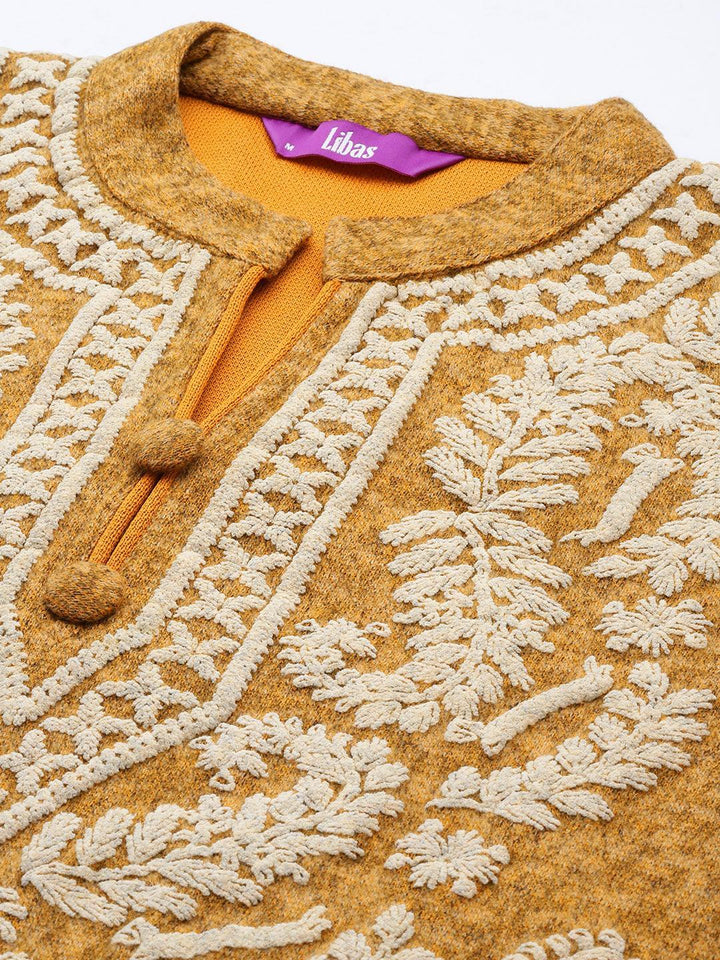 Mustard Printed Wool Straight Suit Set