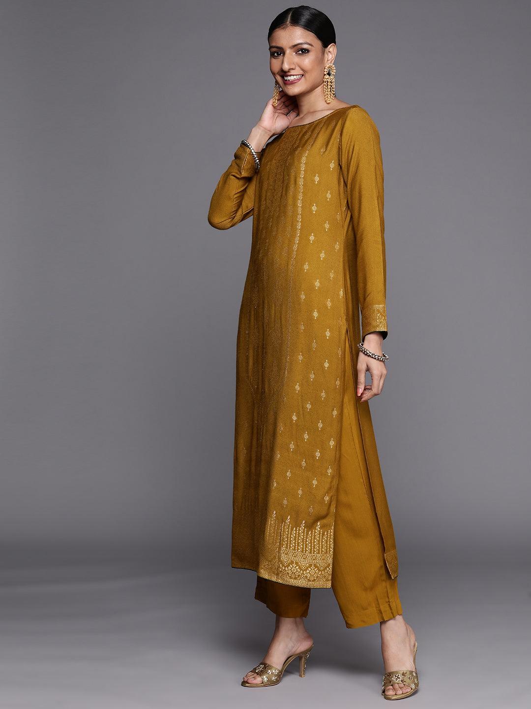 Mustard Self Design Pashmina Wool Straight Suit Set - ShopLibas