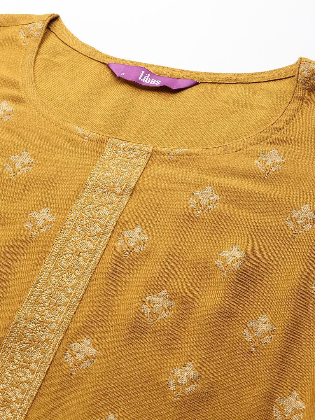 Mustard Self Design Pashmina Wool Straight Suit Set - ShopLibas