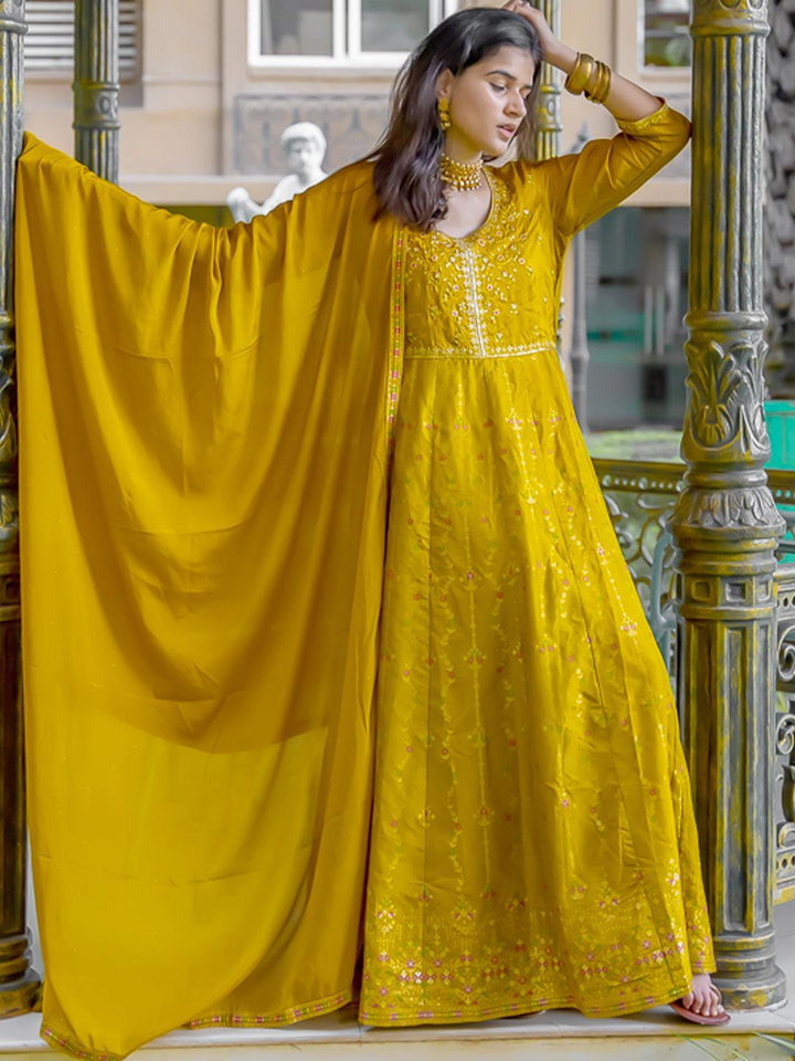 Mustard Self Design Silk Anarkali Suit Set