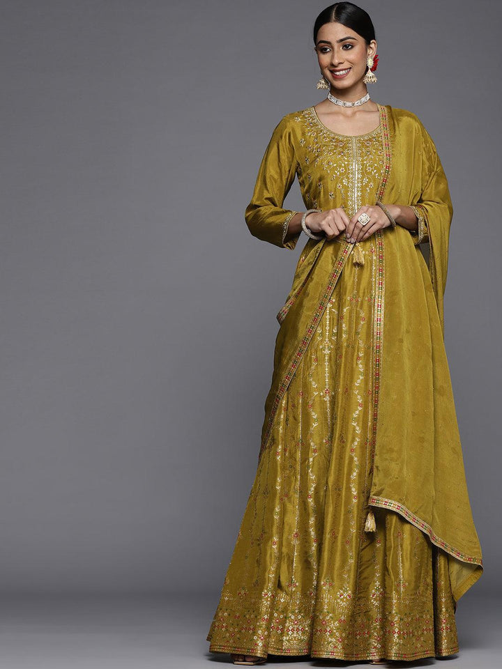 Mustard Self Design Silk Anarkali Suit Set