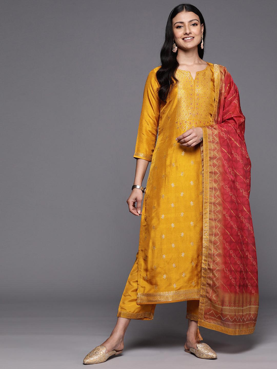 Mustard Self Design Silk Blend Straight Suit Set With Trousers - ShopLibas