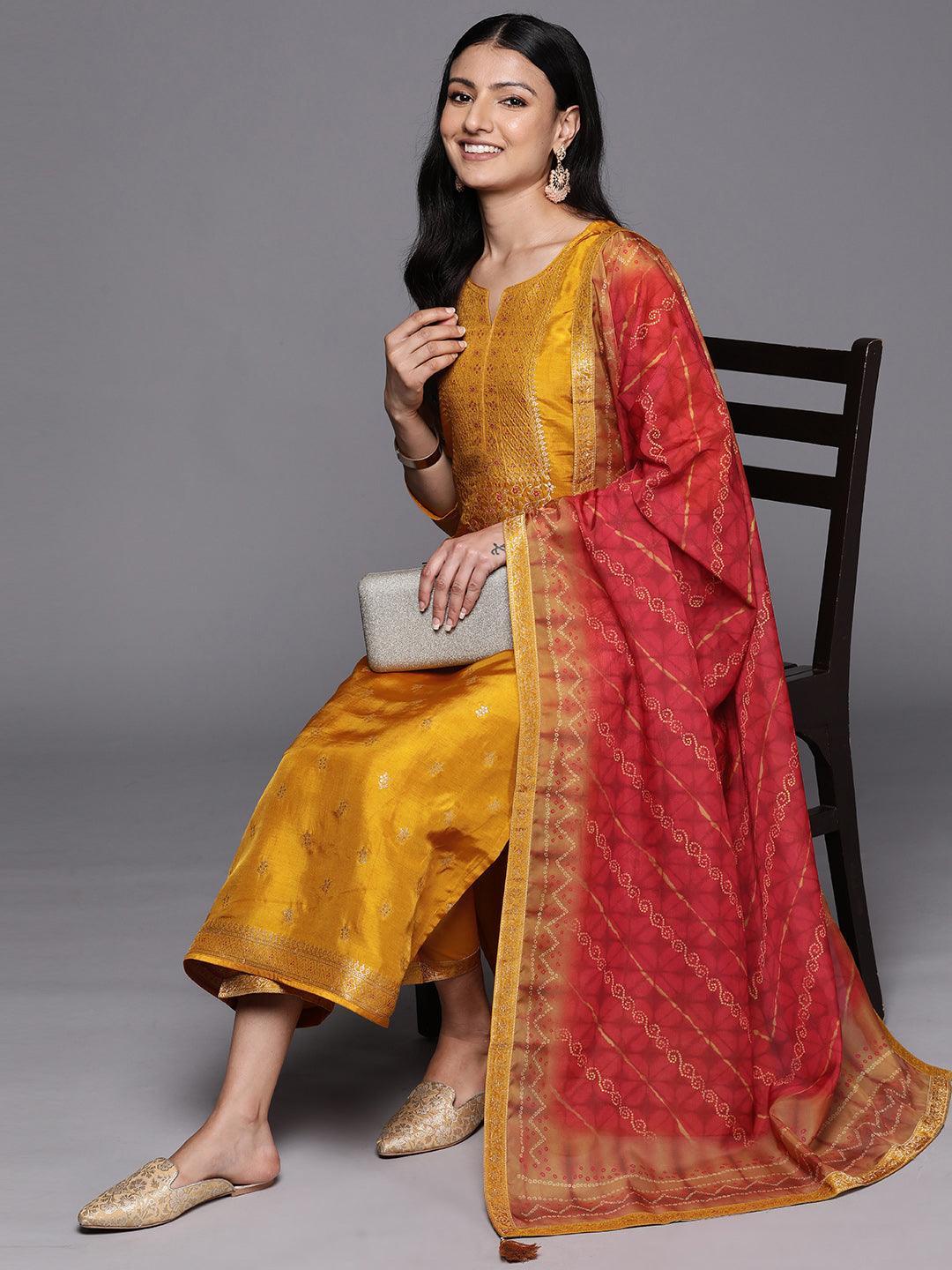 Mustard Self Design Silk Blend Straight Suit Set With Trousers - ShopLibas
