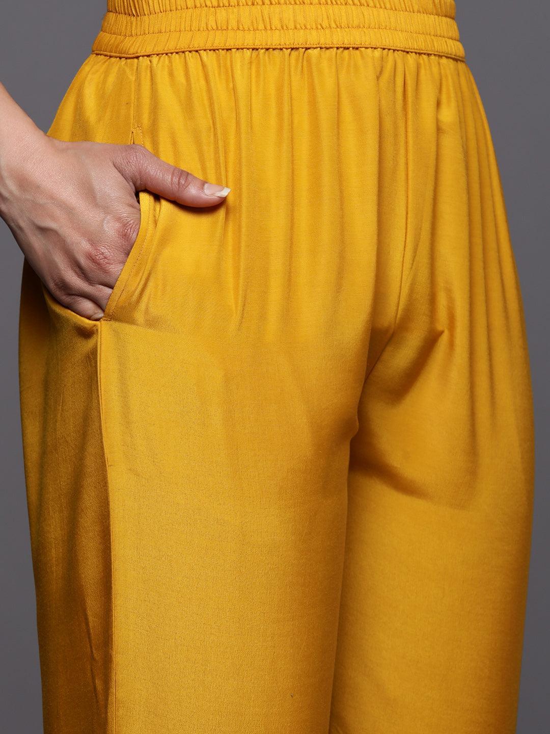 Mustard Self Design Silk Blend Straight Suit Set With Trousers - ShopLibas