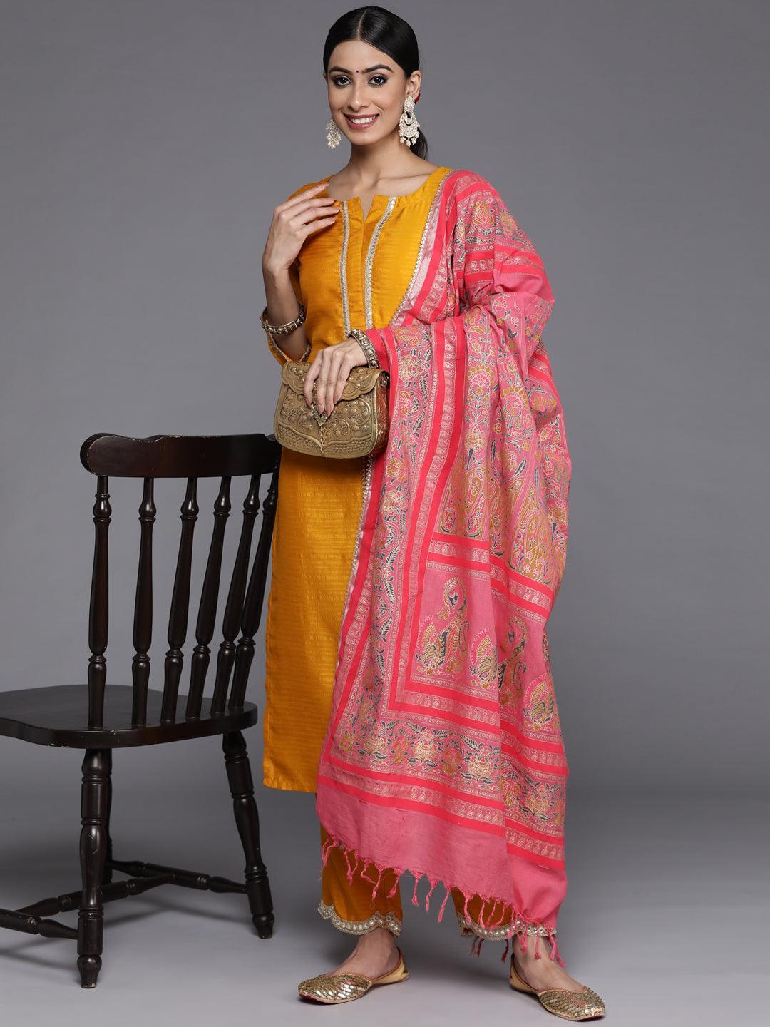 Mustard Solid Silk Blend Straight Suit Set With Trousers - Libas