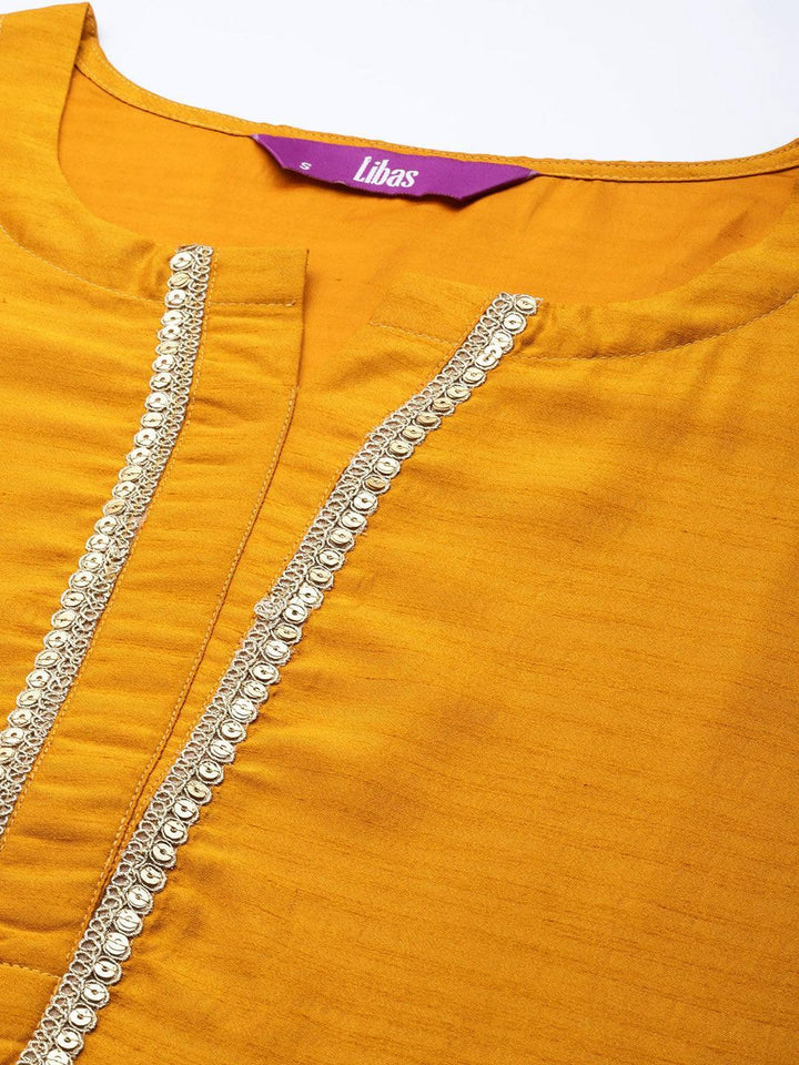 Mustard Solid Silk Blend Straight Kurta With Palazzos & Dupatta