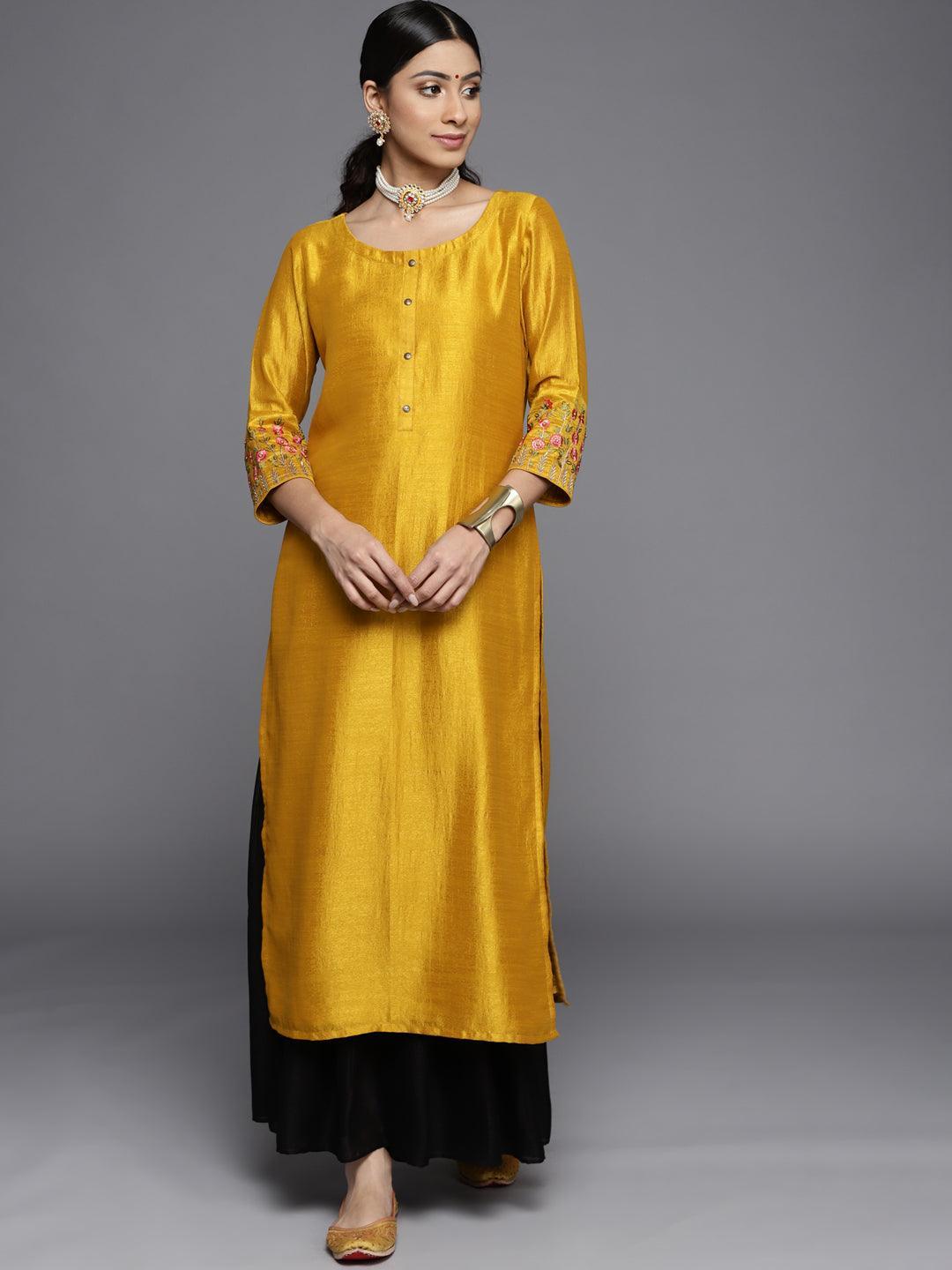 Mustard Solid Silk Kurta - ShopLibas
